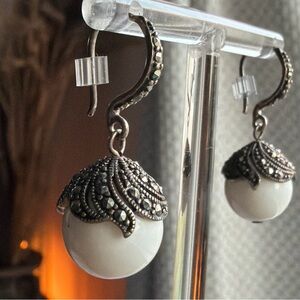 VINTAGE | Beautiful Sterling Silver Marcasite Milk Glass Beads Dangle Earrings
